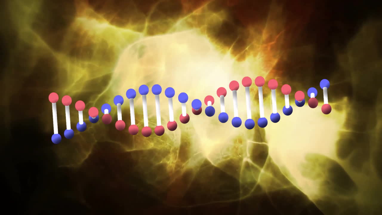 Colorful molecules spiraling in DNA strand with glowing animation background