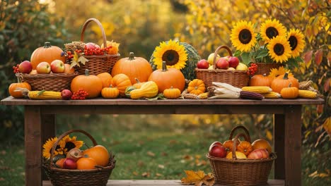 a vibrant autumn display of pumpkins, sunflowers, and fresh produce capturing the essence of the harvest season in a serene outdoor setting