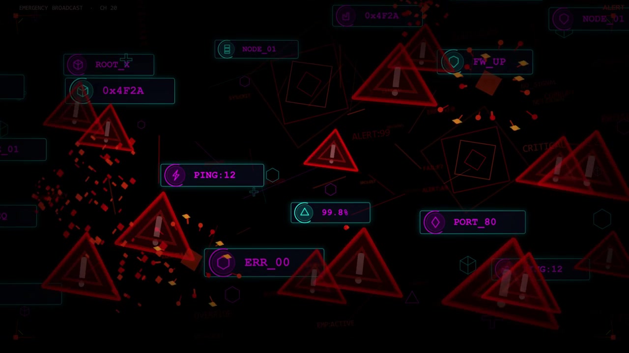 Orange burst sparking red triangles growing, converging labels shifting flagging errors on dark HUD
