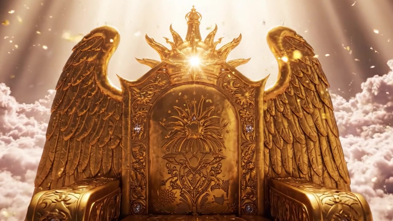 Majestic Golden Throne Surrounded by Radiant Clouds and Heavenly Light, Symbolizing Power, Divinity, and Authority in a Celestial Realm