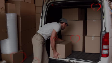 animación de iconos de corazón sobre sonriente hombre caucásico repartidor coche de embalaje