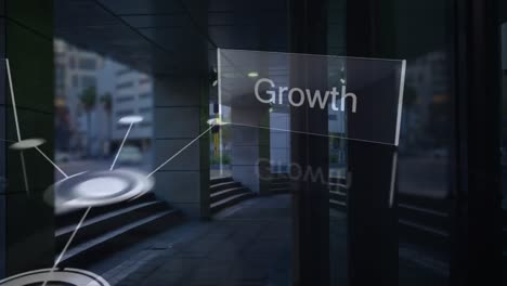 animation of network of connections and growth text over cityscape