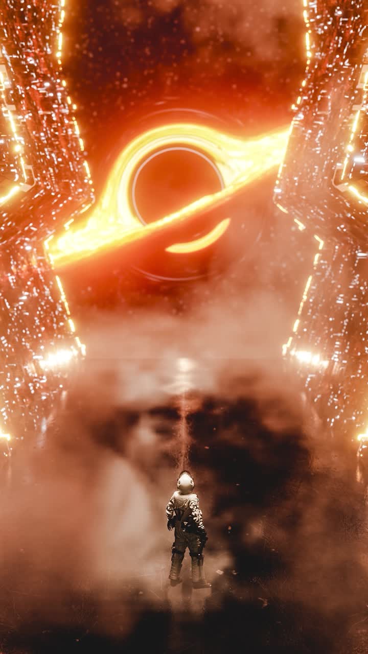 Astronaut admiring black hole from spaceship. 3d animation