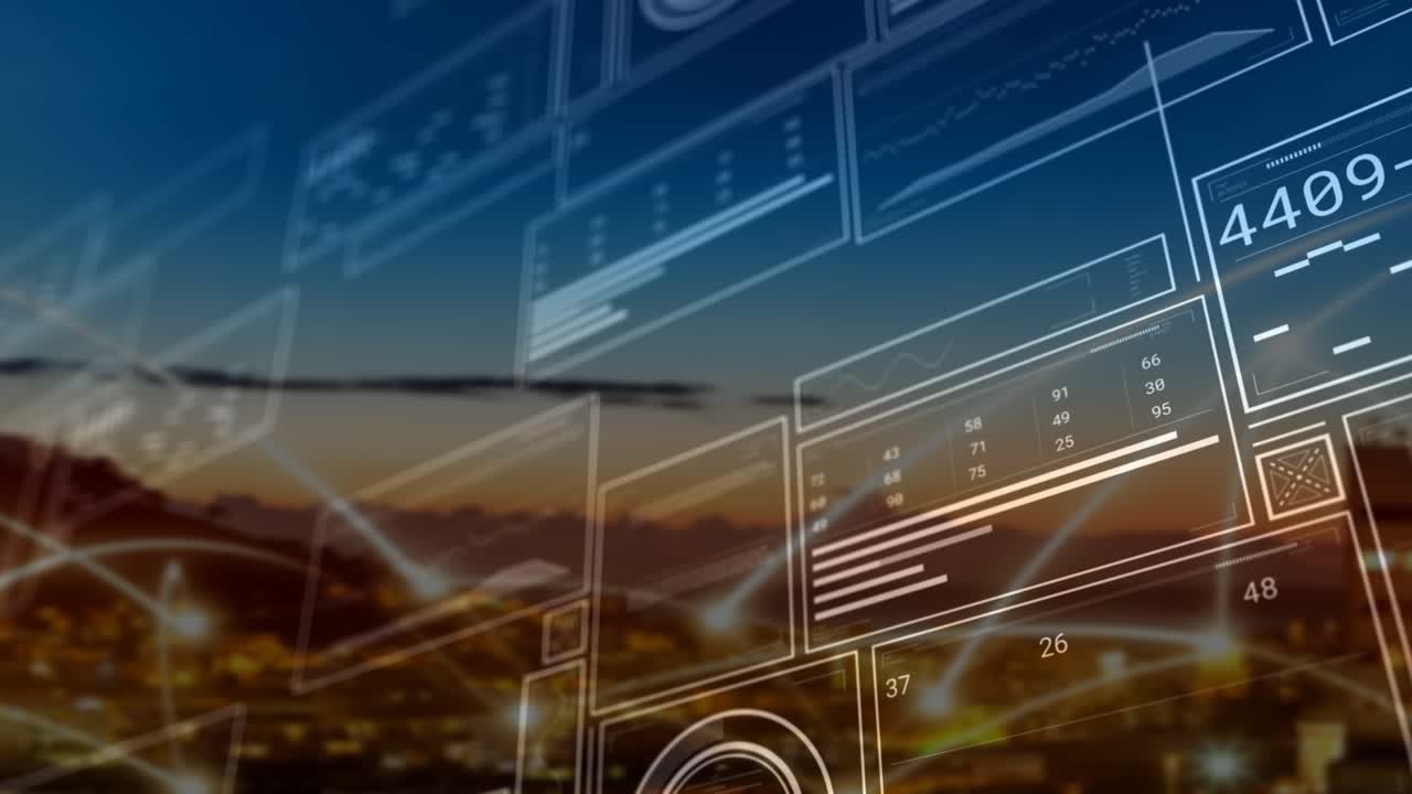 Wireframe outlines fading into dusk cityscape, panels sliding in visualizing data, lights sweeping