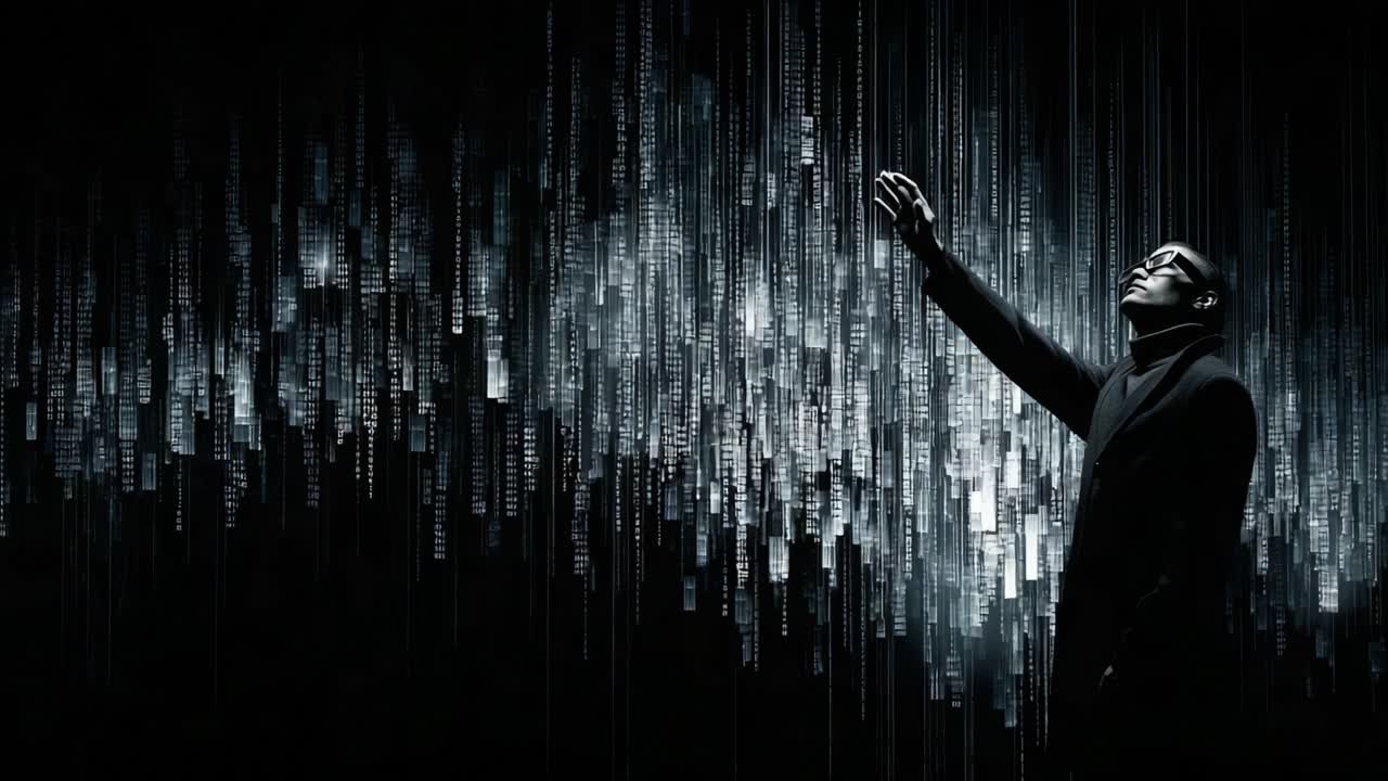 An enigmatic figure reaches towards an ethereal cascade of binary code, a visual representation of the intersection between technology and human aspiration, exploring the digital frontier