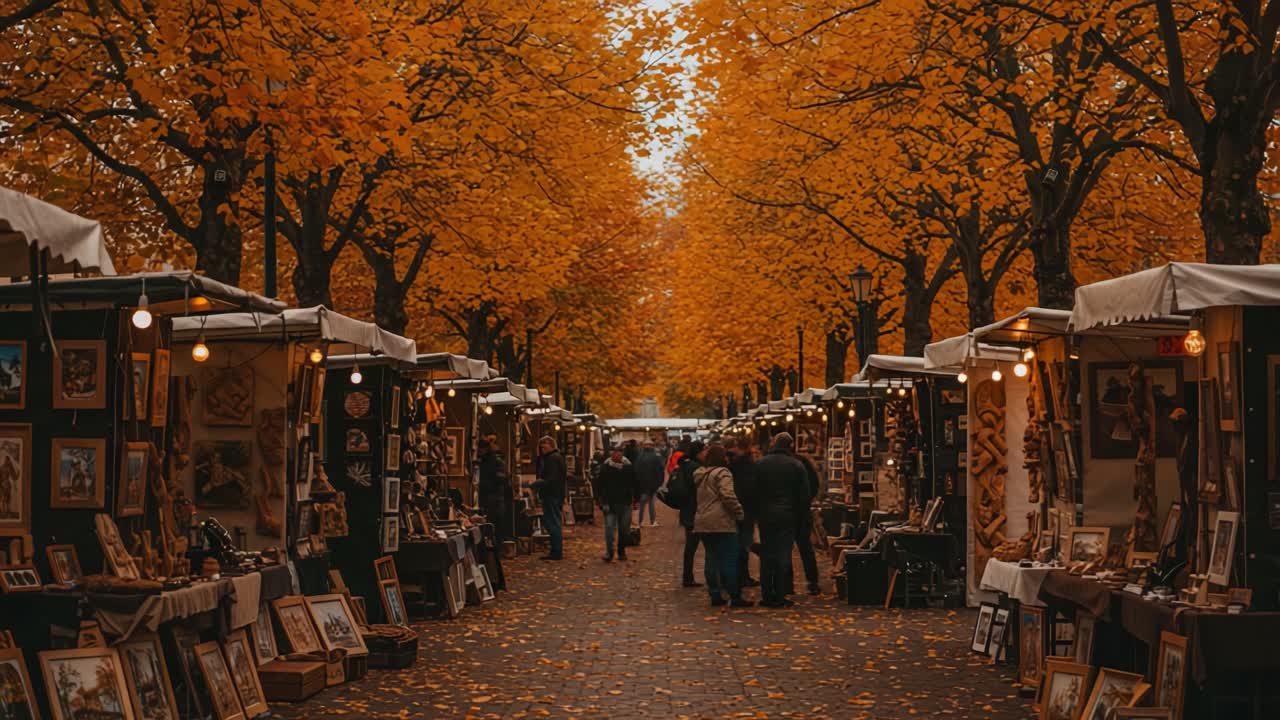 Autumn Art Market: Vibrant Pathways Lined with Colorful Stalls and Golden Leaves Create a Picturesque Scene of Community Engagement and Creativity