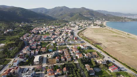 nea iraklitsa kavala greece, aerial panoramic view of coastal village and beach