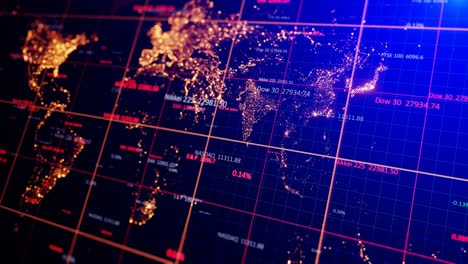 camera movement through 3d space with a world map and stock indexes. digital animation of stock market price changes. animation loop 4k