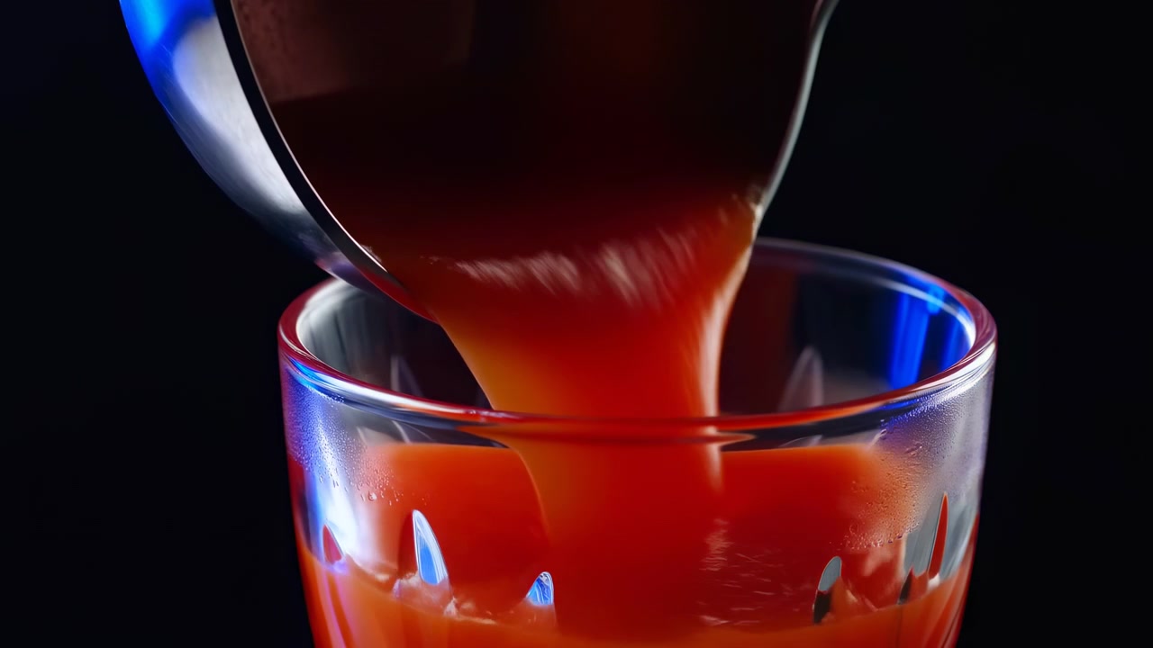 Primo piano di un cucchiaio o mestolo che versa un liquido rosso scuro in un bicchiere di cristallo trasparente e decorato, con riflessi nitidi, punti luce lucidi e uno sfondo nero drammatico
