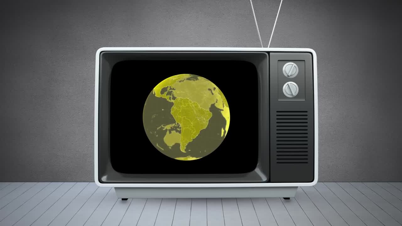 회색 배경 에 있는 빈티지 tv 와 글로브 의 애니메이션