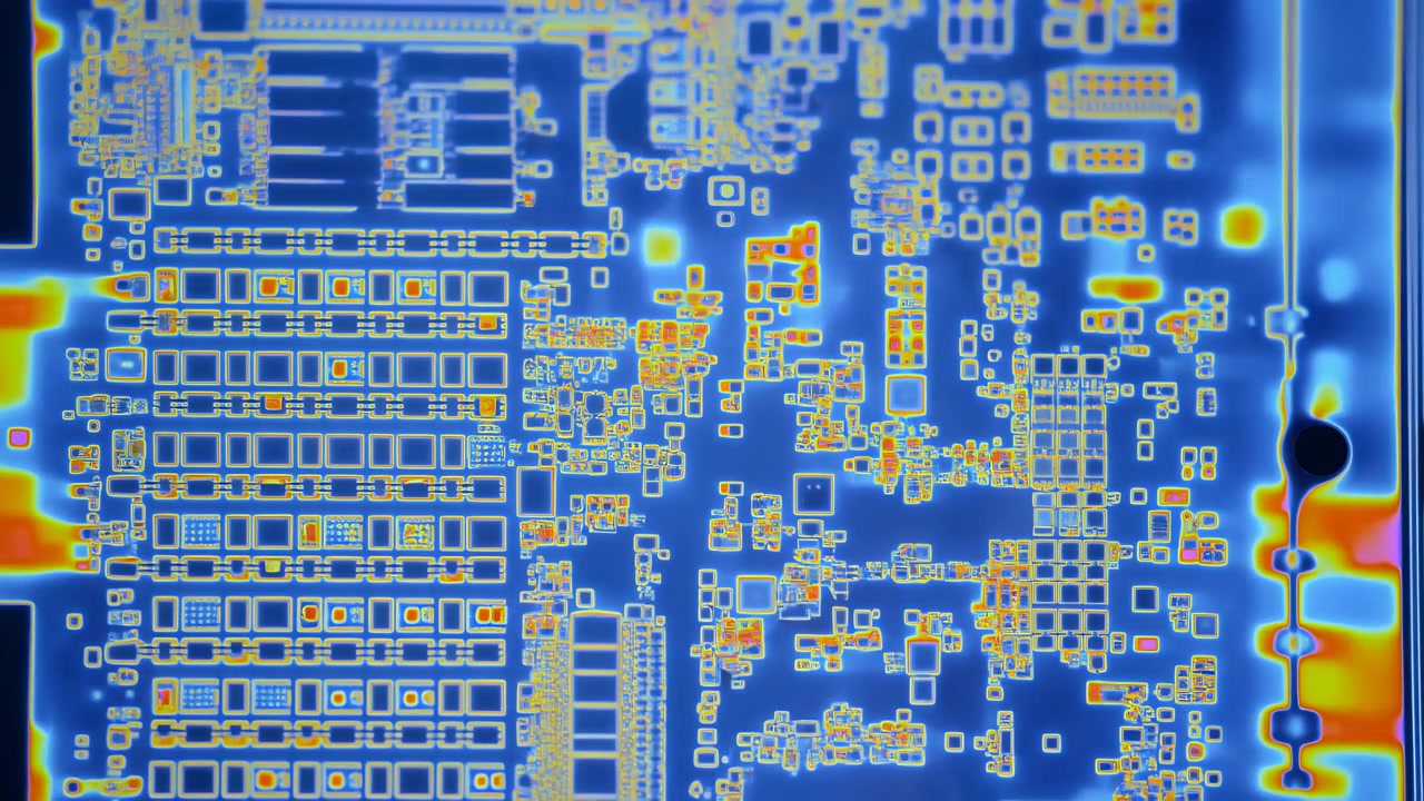 Orthographic top-down close-up of printed circuit board rendered in thermal-style false color, showing organized rows of rectangular IC footprints on left