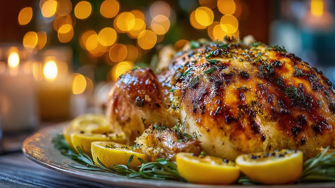 A Beautifully Roasted Chicken Garnished with Fresh Herbs and Lemon Slices, Perfectly Positioned for an Elegant Feast Surrounded by Soft Candlelight and Bokeh Lights