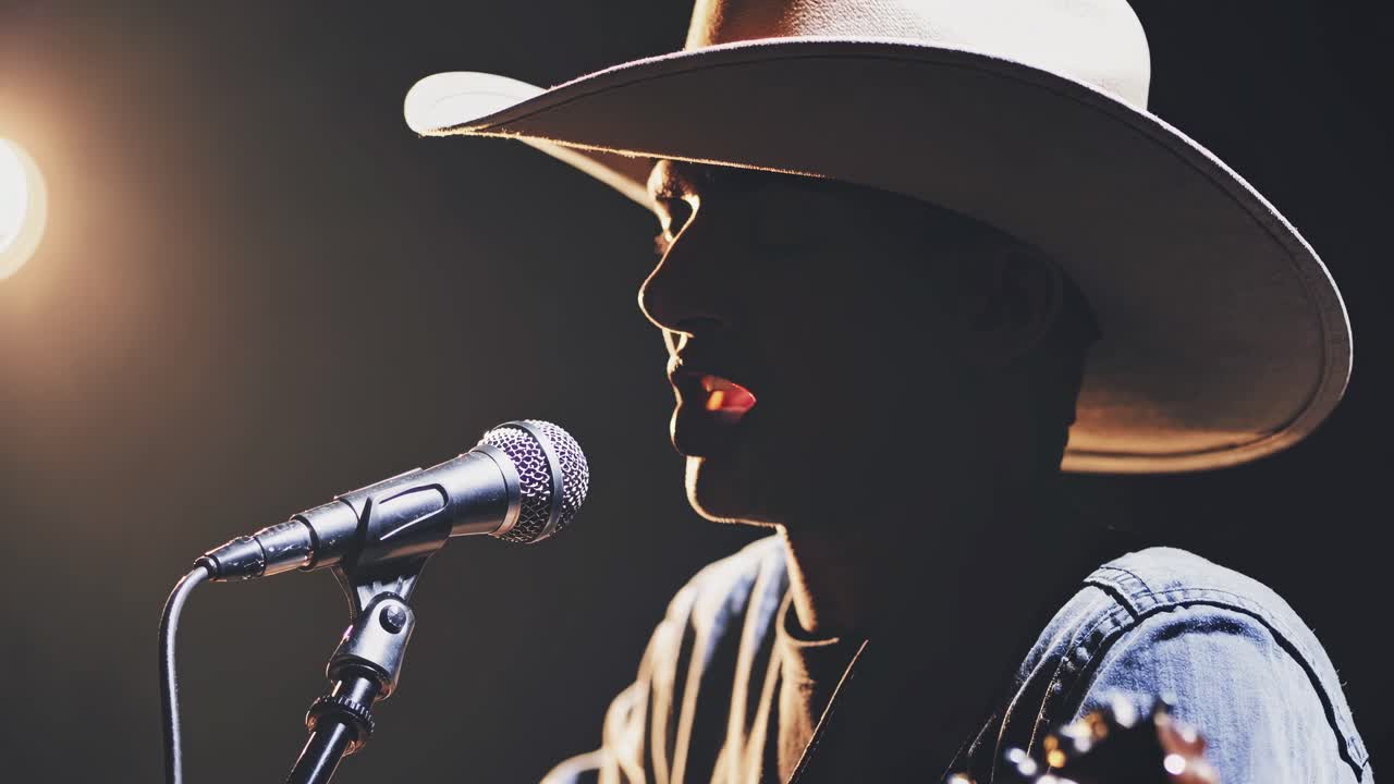 Cowboy in silhouette che canta in un microfono sotto un riflettore, ripreso da un'angolazione ravvicinata laterale.