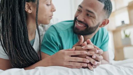 Bedroom,-holding-hands-and-face-of-happy-couple