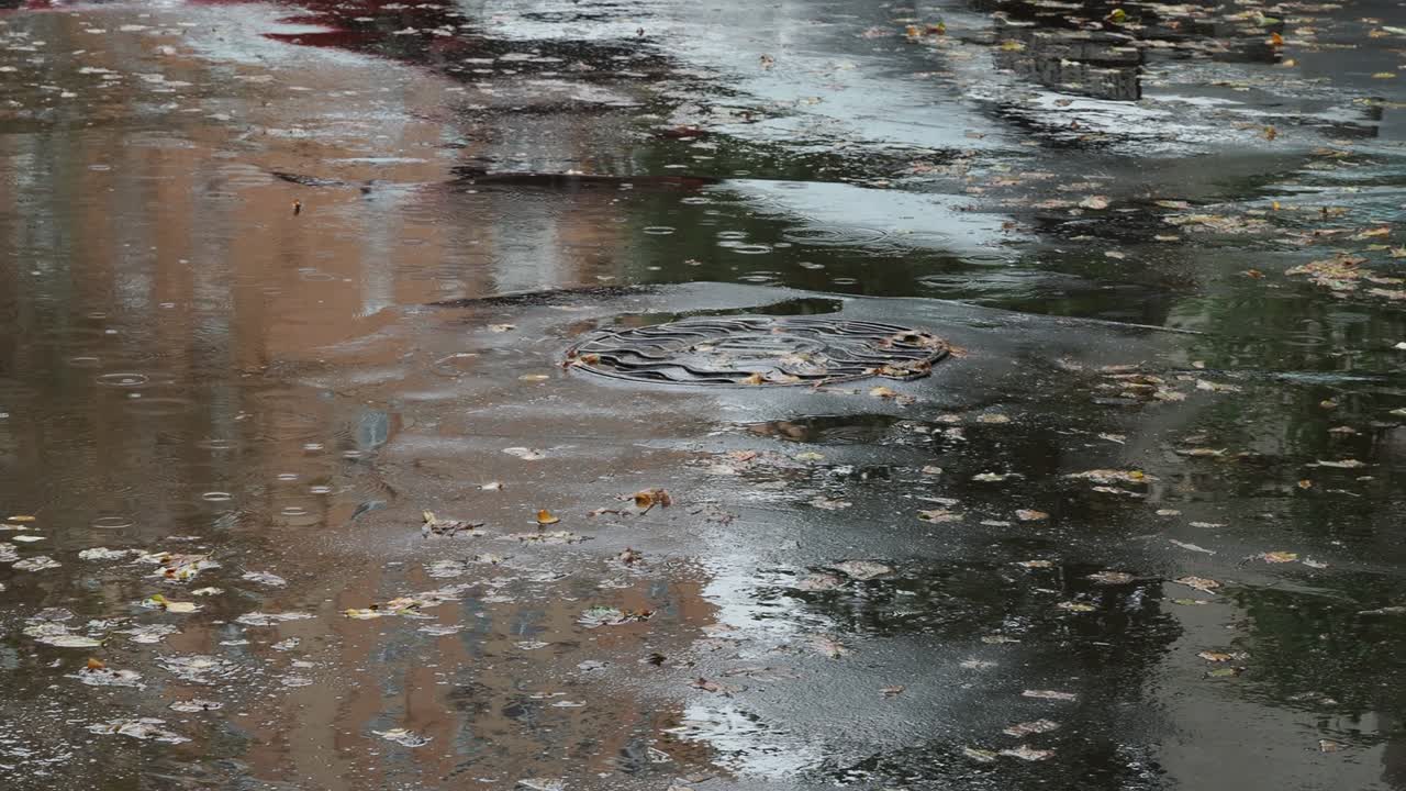 wet asphalt road in city in autumn rain
