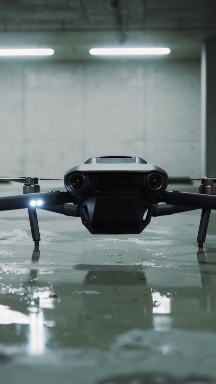 Video verticale: Illuminazione a LED rossa, rotori che girano, drone nero che si solleva in un garage bagnato per il volo