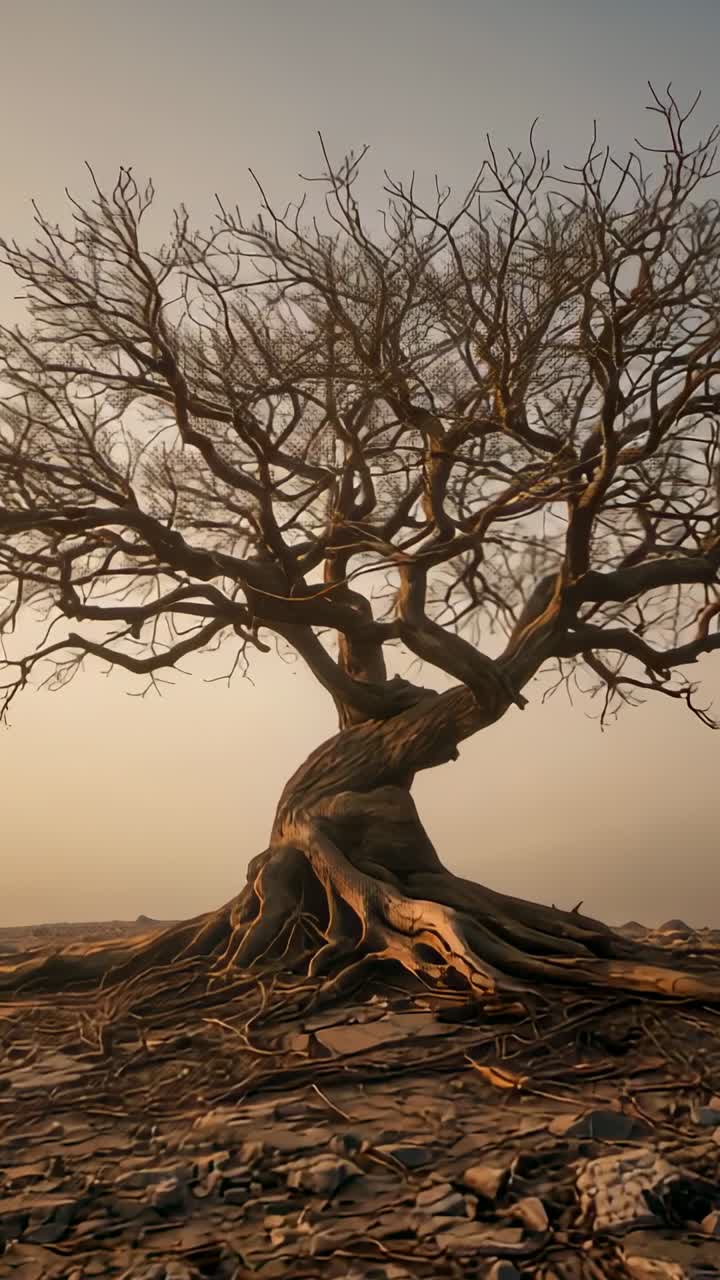 Vertical video: Approaching camera revealing gnarled bare tree on cracked soil for close root view