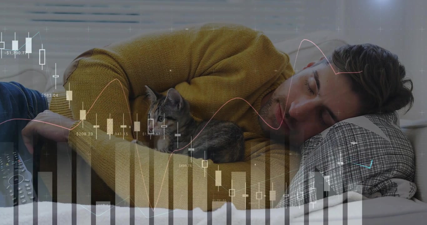 Pystysuuntainen video: Kultaisessa neuleessa oleva mies asettuu kotiin auringon laskiessa, kissanpennun ja kaavioiden kera.