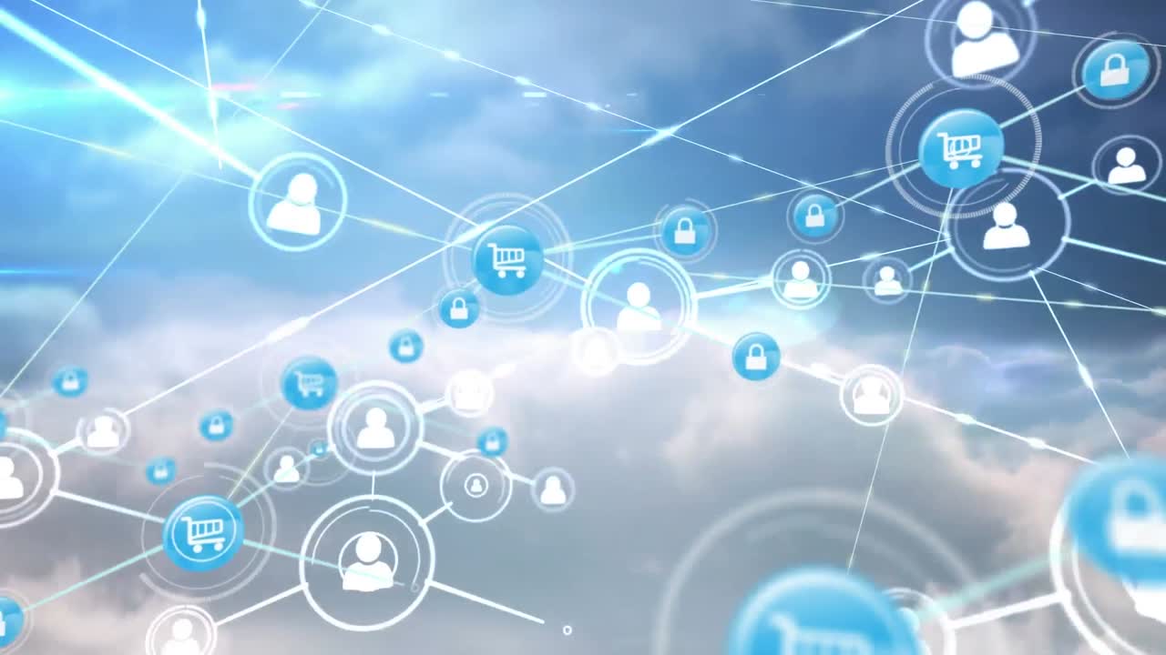 animación de la red de conexiones con iconos sobre nubes