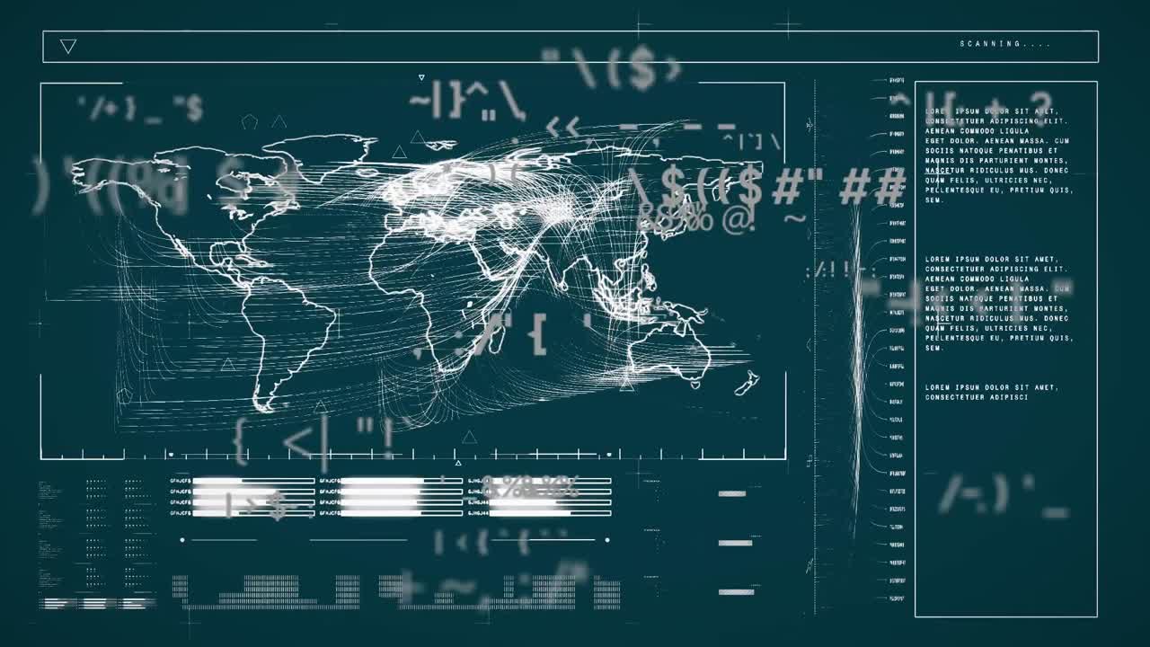animación del procesamiento de datos y el mapa del mundo sobre un fondo gris