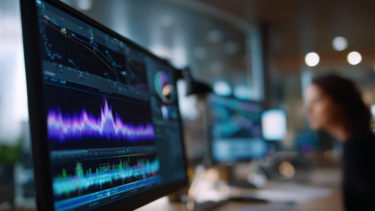 Analyzing Data Trends and Visualizations on Multiple Monitors in a Modern Workspace Environment with Vibrant Waveforms and Graphical Elements