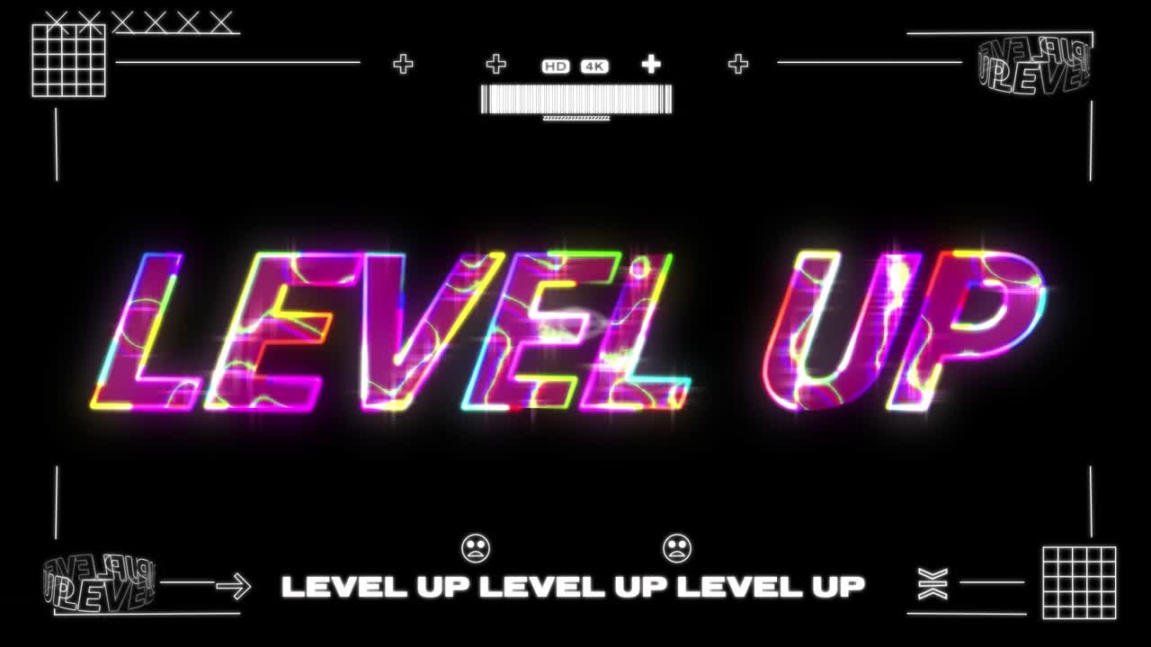 Animation of level up text over yellow trails and arrows on black background