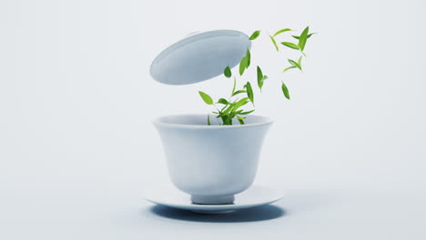 중국의 고대 차 비와 차 잔과 차 잎, 3d 렌더링