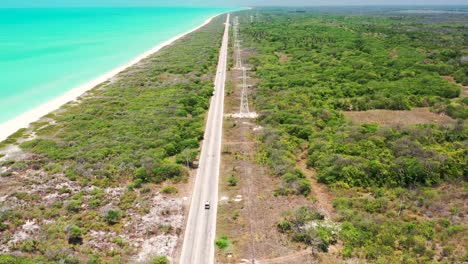 drone aerial shot of a car driving on a highway by the gulf of mexico during sunny day