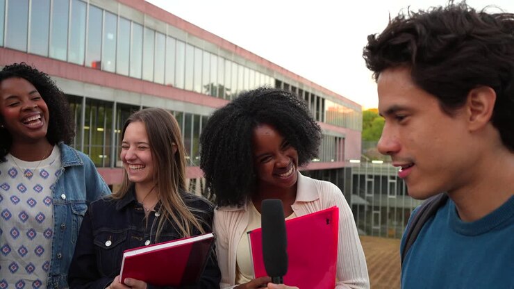 Group of students being interviewed at university