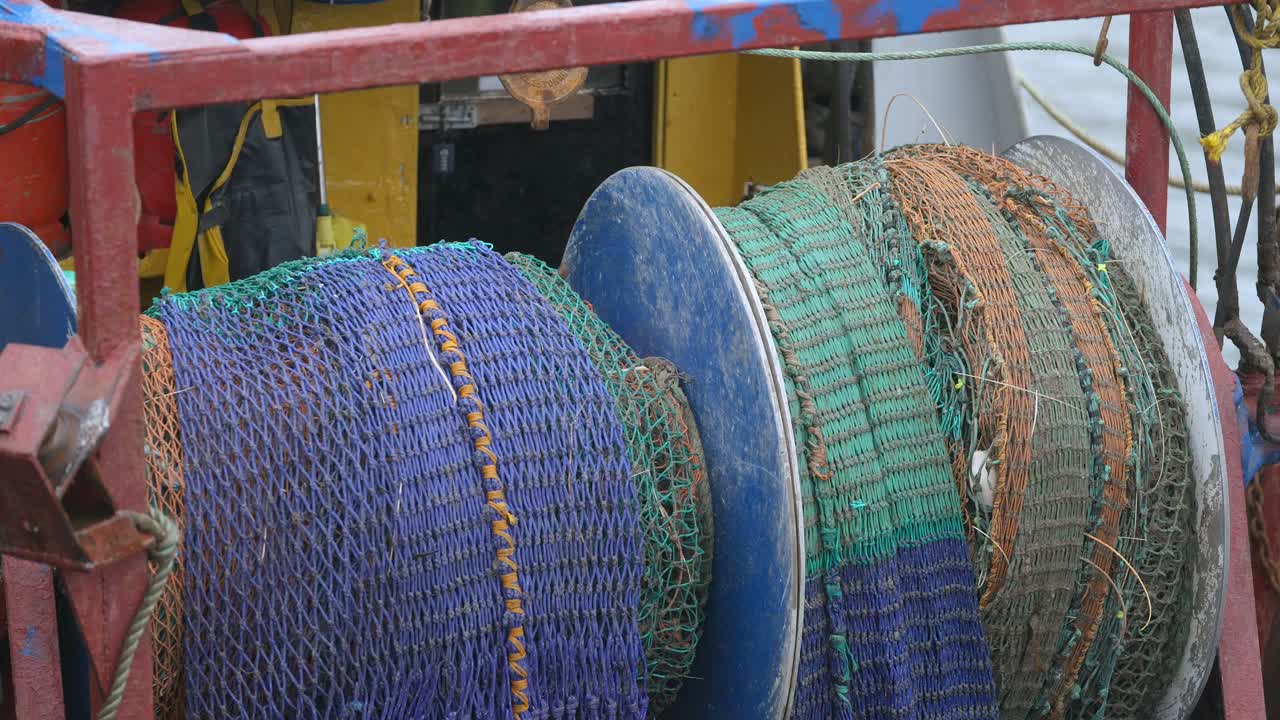 Static shot of trawler nets aboard a fishing boat on the Isle of Lewis