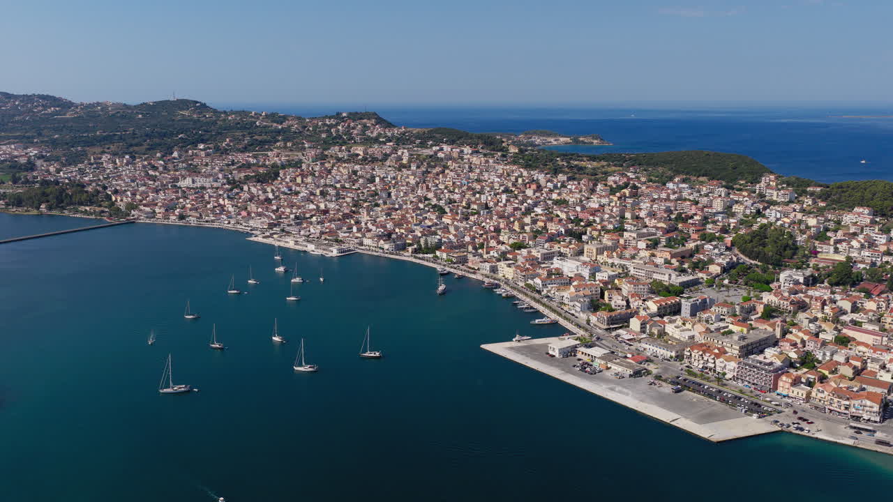 Argostoli city on the island of Kefalonia, Ionian sea, Drone shot, Panoramic view