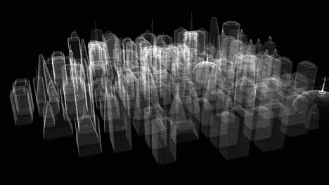 Futuristic 3d rendering of rotating holographic city digitally generated image virtual reality matrix particles simulation in cyber space background environment for head up display screen