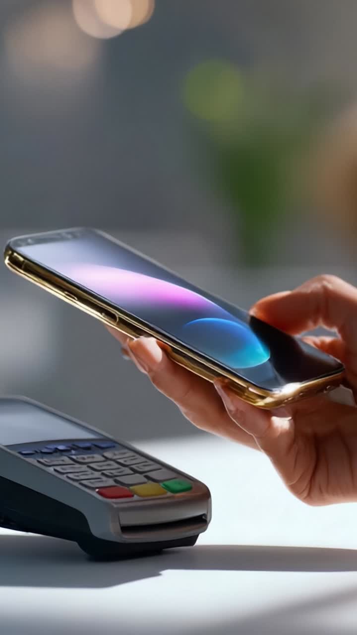 A close-up of a hand using a smartphone for contactless payment at a point of sale terminal, showcasing modern technology in cashless transactions