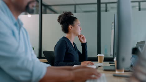 computer, office and business woman reading a blog