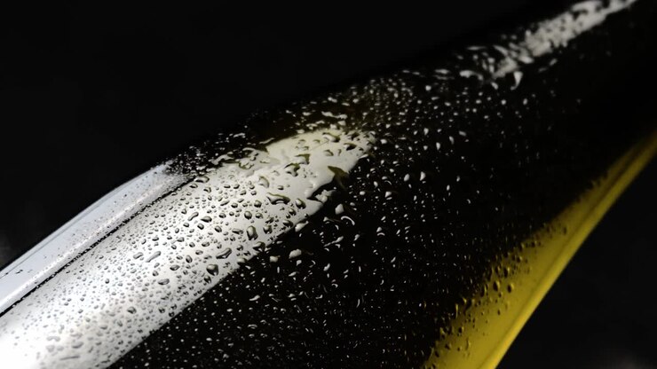 Bottiglia di vino di lusso ghiacciata con condensa, vista ravvicinata.