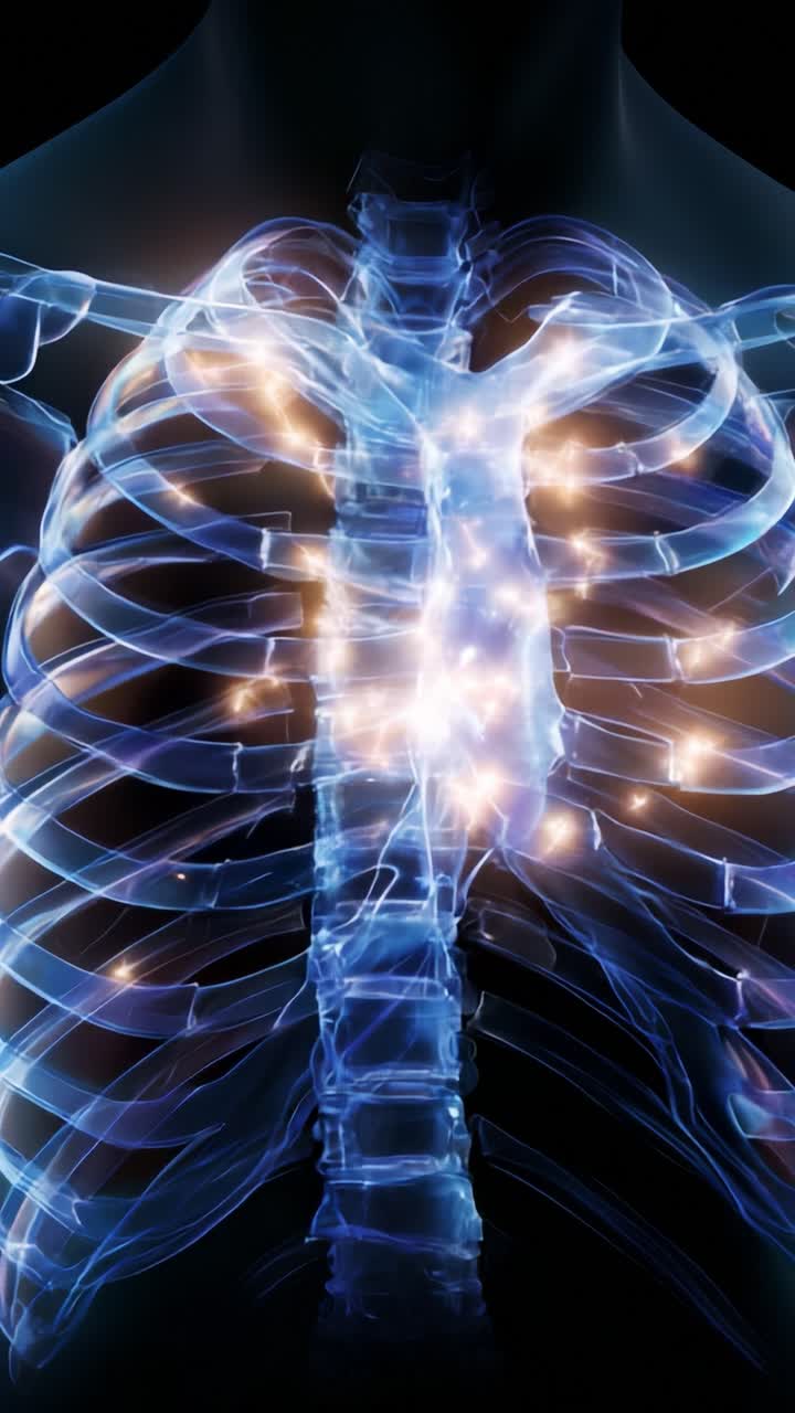 Illustrazione anatomica della gabbia toracica umana con strutture vascolari evidenziate che rappresentano il sistema respiratorio in uno stile futuristico