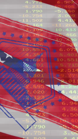 animación de estadísticas y procesamiento de datos financieros sobre las banderas de los estados unidos de américa