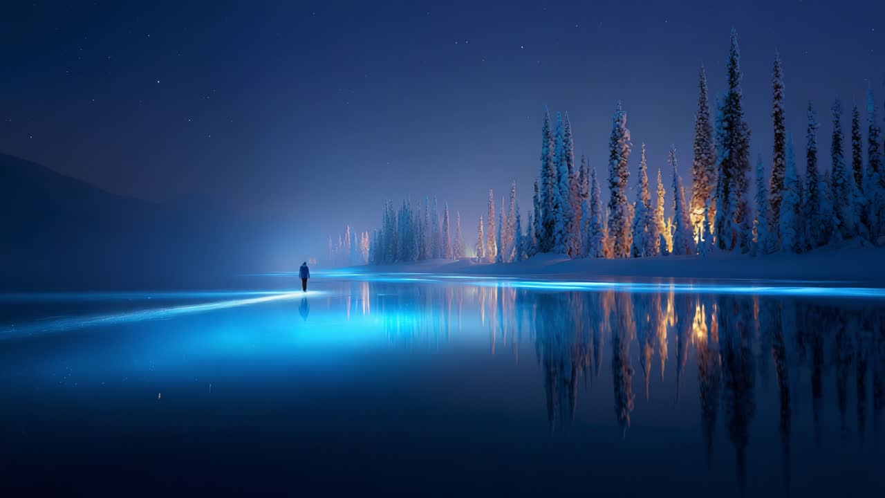 A solitary figure walks along a tranquil lake illuminated by soft blue lights amidst a serene winter landscape with snow-covered trees and a peaceful night sky reflecting on the water surface