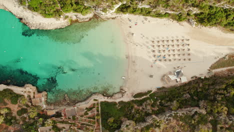 Top-View-Of-The-Stunning-Cove-Beach-In-Cala-Llombards-In-The-Southeast-of-Mallorca,-Spain