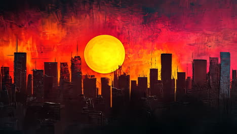 colorful sunset over a city skyline with abstract art style