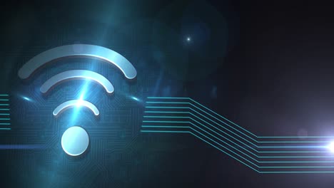 Animation-of-wifi-symbol-and-green-glowing-lines-over-computer-circuit-board