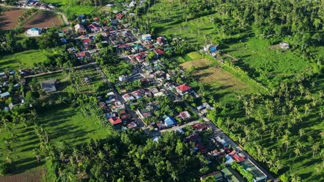 orbiting aerial view of countryside barangay village with lush tropical foliage at timbaan, san andres, catanduanes, philippines