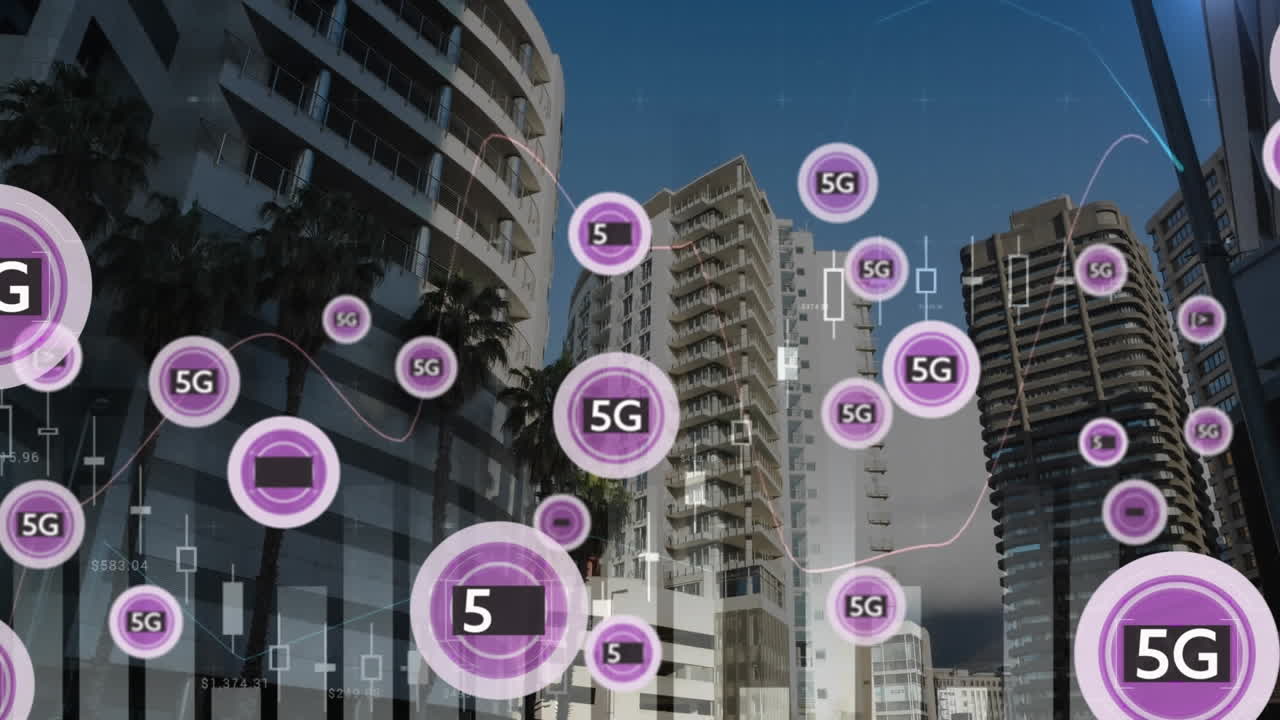 도시 풍경 위의 4g 및 5g 텍스트 네트워크의 애니메이션
