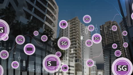 animación de la red de texto 4g y 5g sobre el paisaje urbano