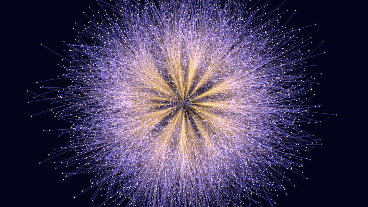 Complex network of interconnected lines and dots in a spiral pattern