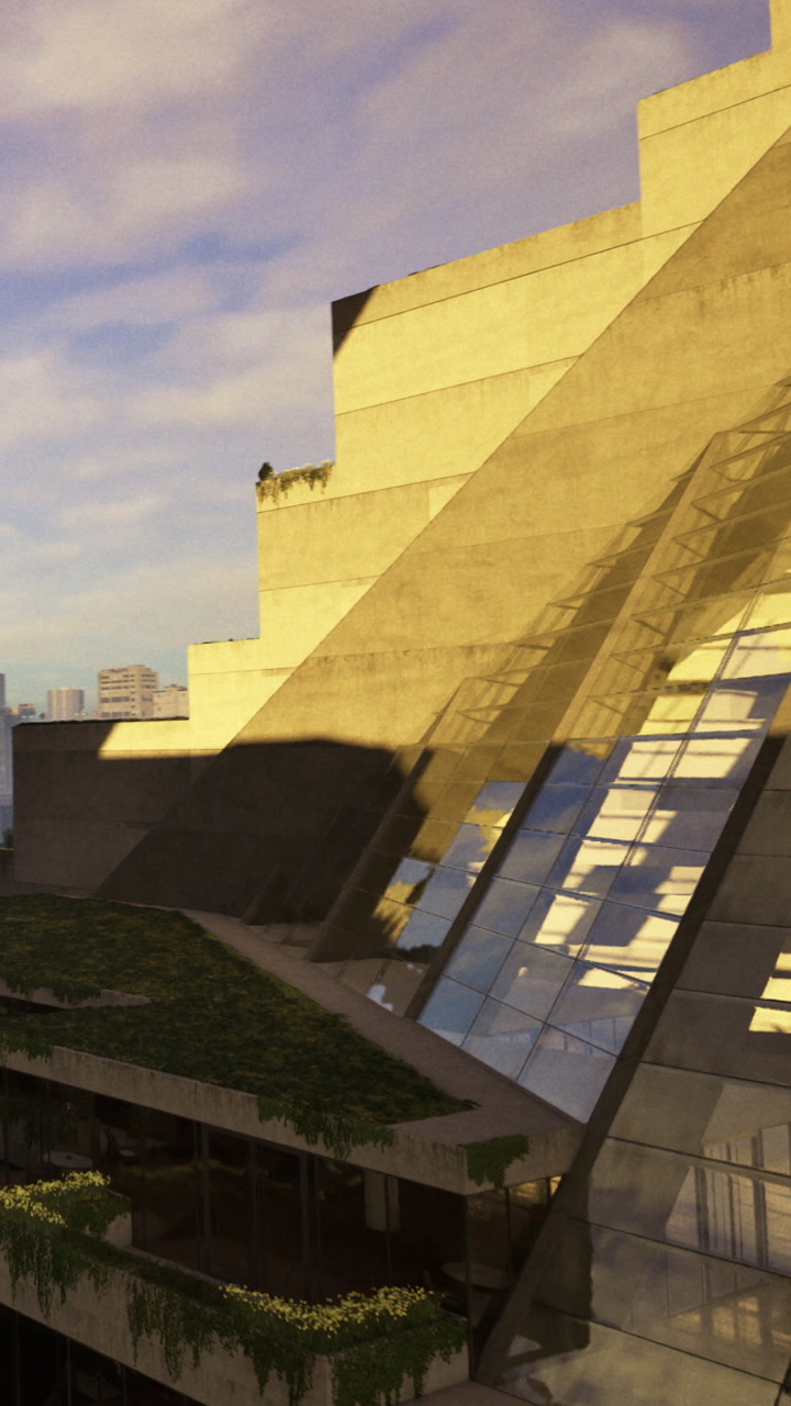Modern building with glass facade under sunlight in urban setting