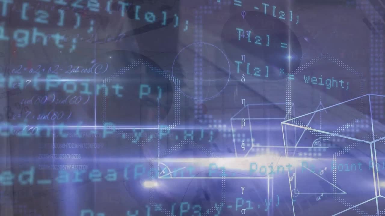 Animation of data processing over woman walking on treadmill