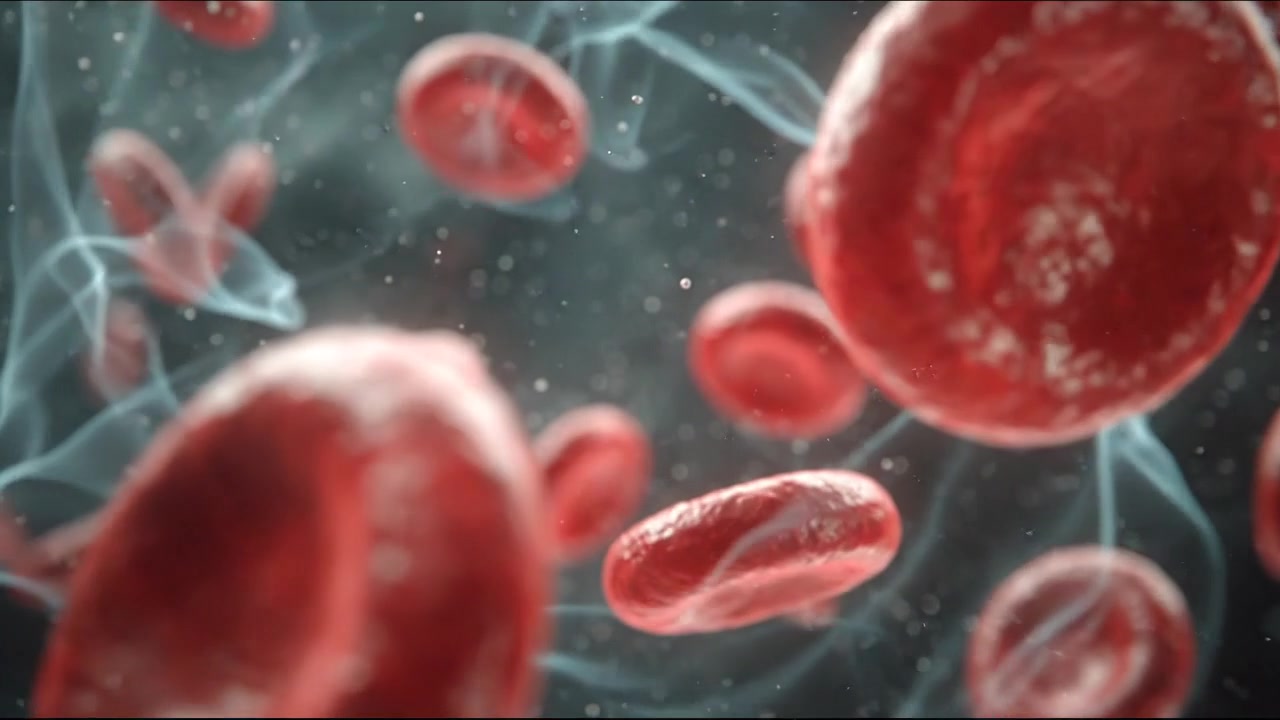 Red blood cells floating through a bright medical visualization in detailed footage