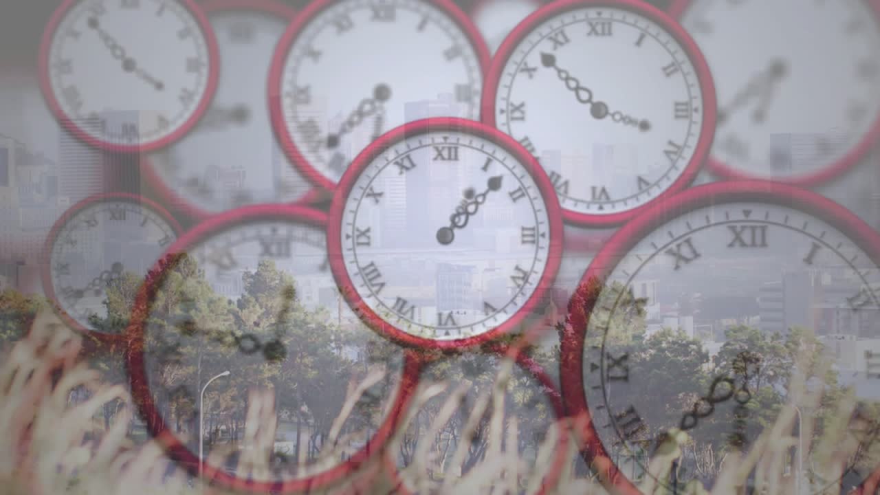 Clustered analog clocks ticking and rotating above treeline, grasses swaying, showing time passing
