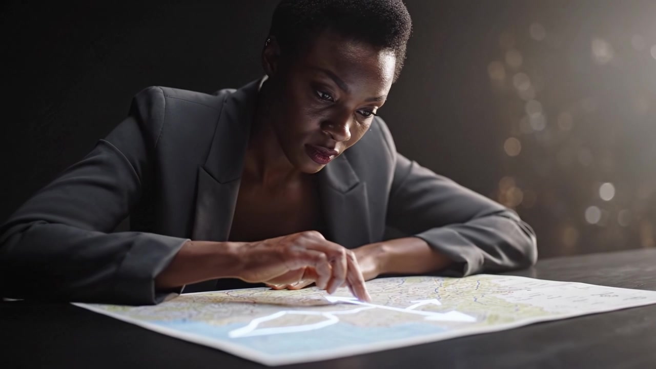 A focused individual analyzes a detailed map, tracing paths and routes with fingers while deep in thought, illuminated by a soft background light that creates an intimate setting.